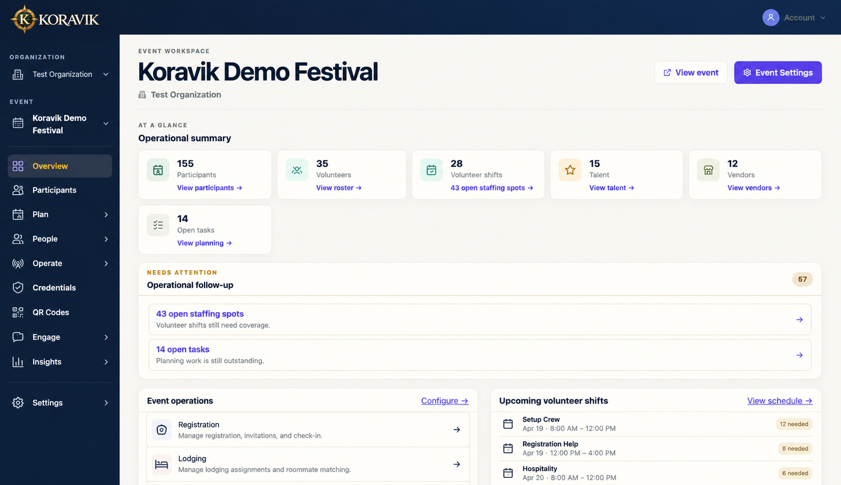 Koravik event workspace showing participants, volunteers, planning, talent, vendors, credentials, QR codes, engagement, insights, and operational follow-up